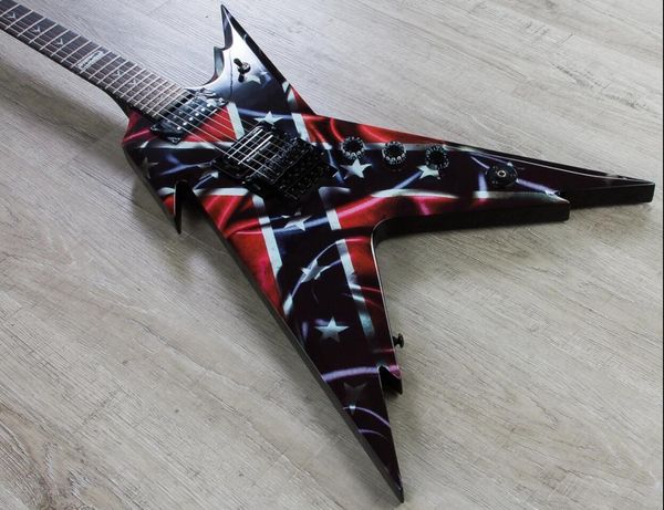 Em estoque Dimebag Darrell Razorback Rebel Confederate Flag Vermelho Guitarra Elétrica Floyd Rose Tremolo Bridge Dime Razor Inlay Grover Tuners Black Hardware Whammy Bar