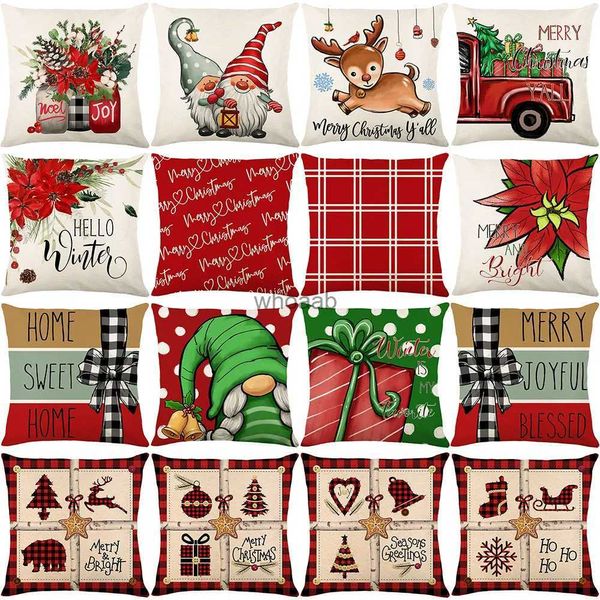 Almofadas de pelúcia Almofadas Decoração de Natal Capa de almofada 45x45 cm Fronha Presente de Natal Elk Dwarf Impresso Fronha Letras Xadrez Fronha YQ231004