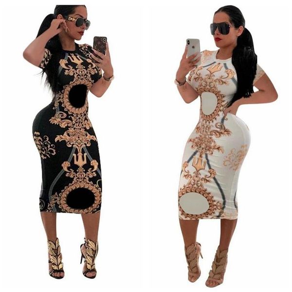 Verão Mulheres Designer Vestidos Casuais Manga Curta O Pescoço Bodycon Sexy Party Club Elegante Midi Dress184L