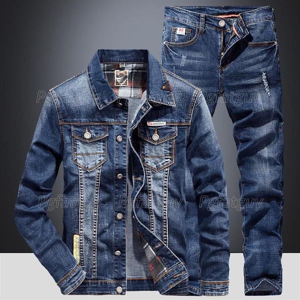 Tute da uomo Moda Slim Set Primavera Autunno Blu scuro Denim Giacca a maniche lunghe in cotone Jeans strappati Coppia Due pezzi285Y