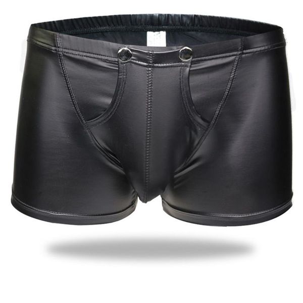 Sexy boxers masculinos de virilha aberta boxers de couro falso estágio u convexo bolsa gay wear roupa interior dos homens jockstrap fetiche lingerie erótica305e