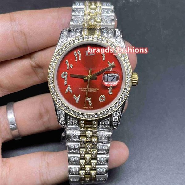Beliebte neue Herren-Hip-Hop-Armbanduhr mit rotem Zifferblatt und arabischer Skala, Bi-Gold-Armband, vollautomatische mechanische Diamantuhren225L