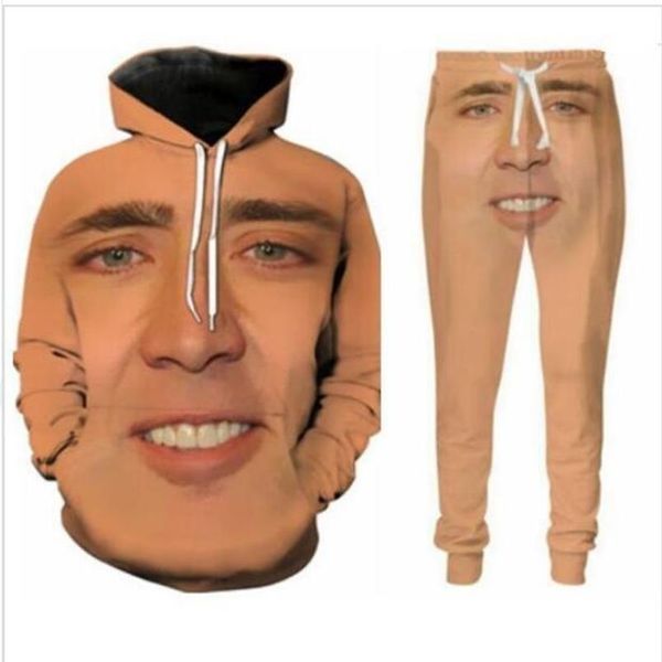 Intero-New Fashion Uomo Donna The Giant Blown Up Face of Nicolas Cage Felpa Jogging Divertente 3D Stampa Unisex Felpe con cappuccio Pantaloni Z215s