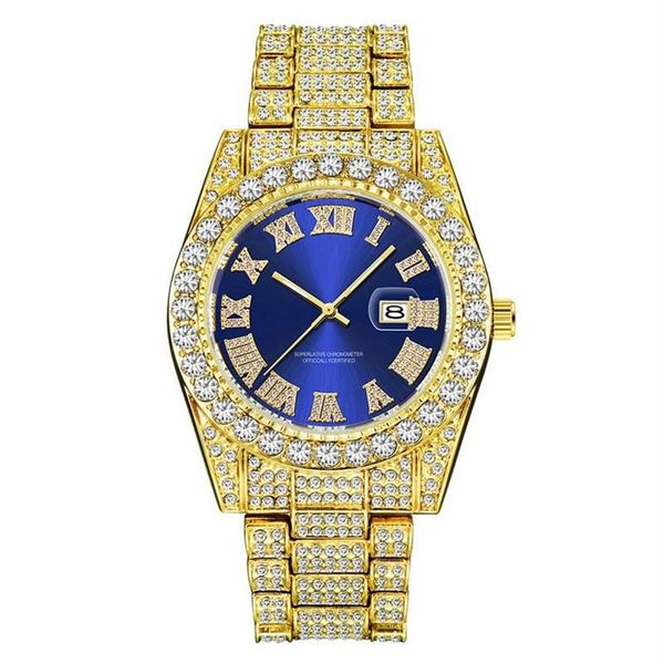 Relógios de pulso luxo ouro romano bling hip hop completo congelado relógio quartzo azul diamante relógios homens prata diomand reloj de diamantes242l