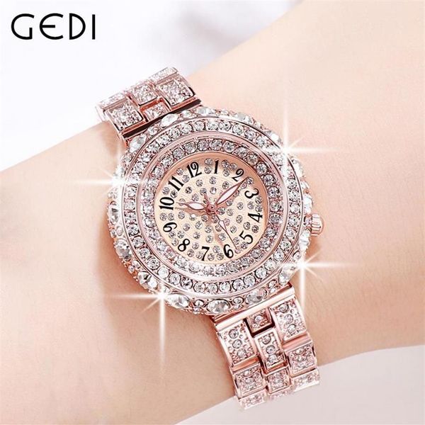 Relógios de pulso GEDI Top Luxo Mulheres Completa Diamante Relógios À Prova D 'Água Aço Inoxidável Rosa Ouro Moda Senhoras Quartz Dress Watch Ana2708