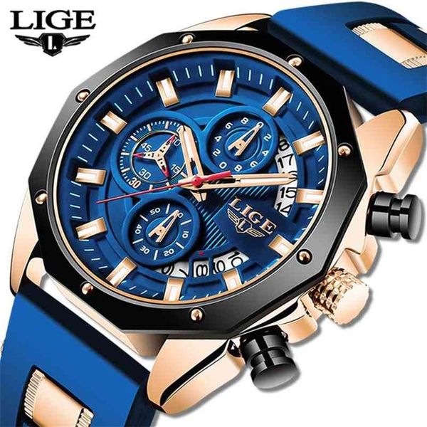 LIGE Moda Uomo Orologi Top Brand di lusso in silicone Sport Watch Uomo Quarzo Data Orologio da polso impermeabile Cronografo 210804266y