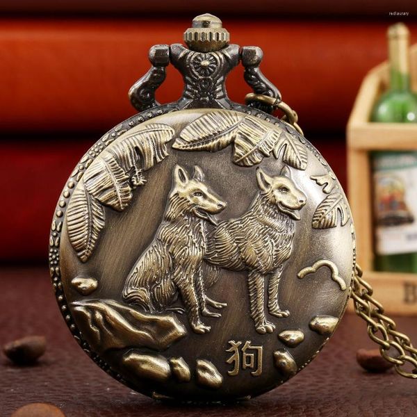 Taschenuhren Chinesisches Sternzeichen Hund Bronze Quarz Halskette Uhr Geburtstagskollektion Geschenke für Männer Frauen Vintage Anhänger Uhr 80 cm Kette