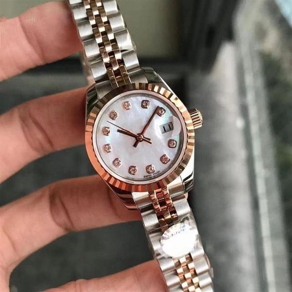 Hochwertige Diamant-Mode-Roségold-Damen-Kleideruhr, 28 mm, mechanische Automatik-Damenuhren, Edelstahlarmband bra210w