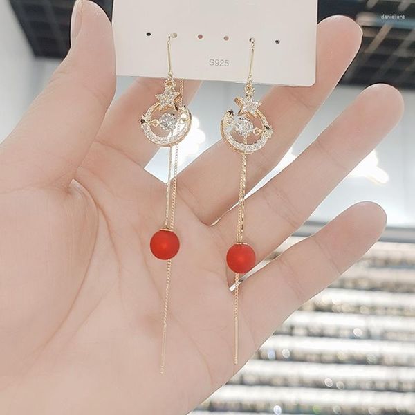 Baumeln Ohrringe Koreanische Mode Schmuck Roten Kristall Stern Und Mond Simulation Perle Lange Ohr Linie Stud Für Frauen Großhandel