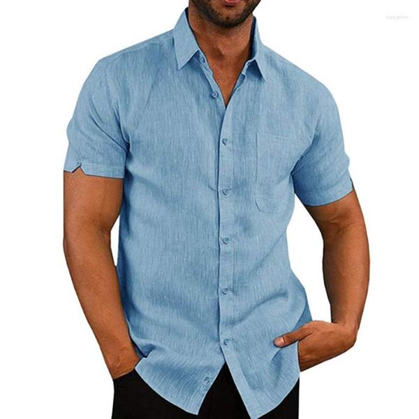 Мужские повседневные рубашки, однотонные хлопковые льняные рубашки с короткими рукавами для мужчин, летние свободные дизайнерские рубашки с карманами, модная однобортная блузка