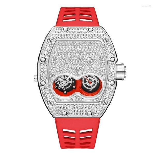 Armbanduhren Pintime Original Luxus Volldiamant Iced Out Uhr Bling-Ed Roségoldgehäuse Rotes Silikonarmband Quarzuhr für Männer295u