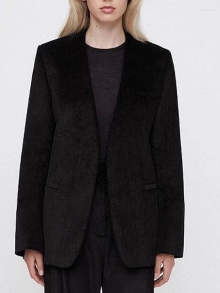 Abiti da donna 2023 Blazer cardigan senza colletto senza colletto dritto in velluto a coste nero da donna