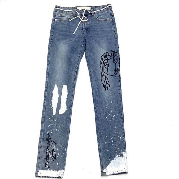 Designer moderno mens jeans moda personagem estilo fino lazer listras mans verão regular peso médio lavado sólido moto calças312t