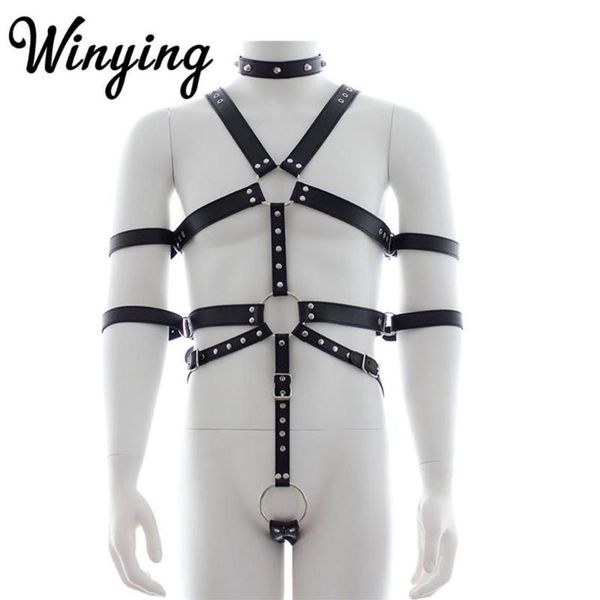 Sexy masculino couro do plutônio de corpo inteiro ajustável cintos cintos conjunto masculino cintas eróticas traje gay bdsm bondage sutiãs sets295l