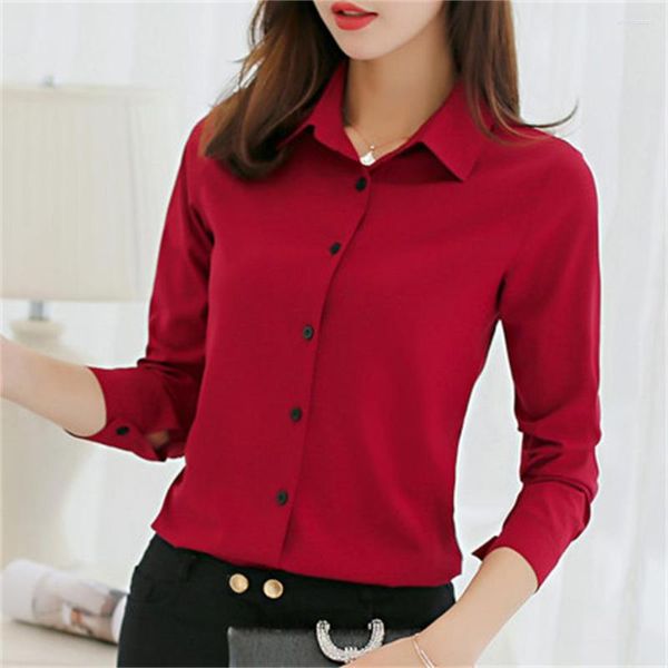 Damenblusen 2023 Frauenbluse Bürohemd Sommer Herbst Langarm Weiß Rosa Rot Marine Arbeitskleidung Koreanische formelle Tops Weibliche Kleidung