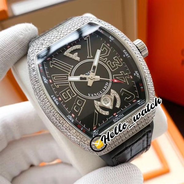 Новые автоматические мужские часы Vanguard Crazy Hours V45 с бриллиантовым ободом, черный циферблат, 3D-цифровые маркеры, стальной корпус, кожаные резиновые часы Hel240z