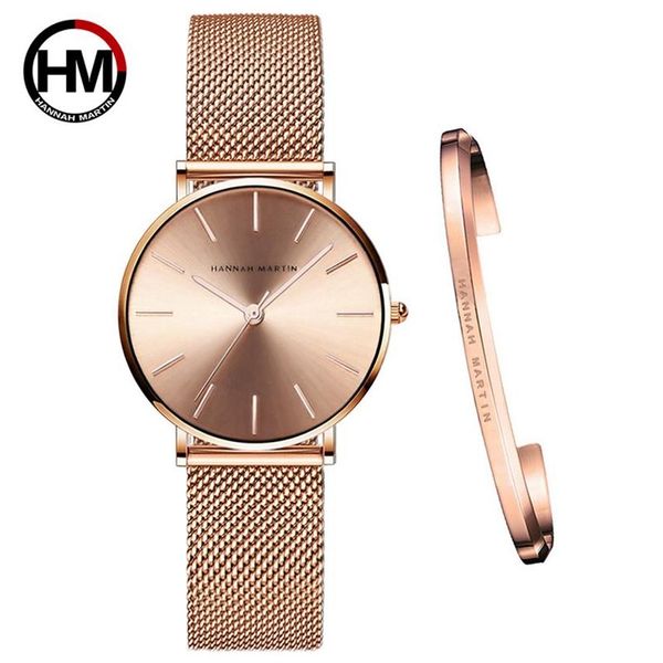 Completo rosa ouro 1 conjunto pulseira relógio japão quartzo design criativo à prova dwaterproof água malha de aço inoxidável senhoras relógios relogio feminino2716