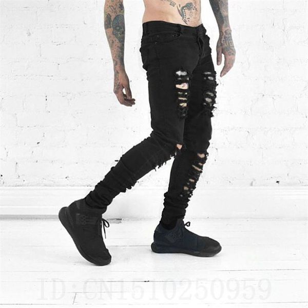 Bütün yeni hip hop gençlik moda trendleri Erkek tasarımcı kıyafetleri 30-36 siyah streç rock yıldız moto rock sıska sıkıntılı yırtık j2256