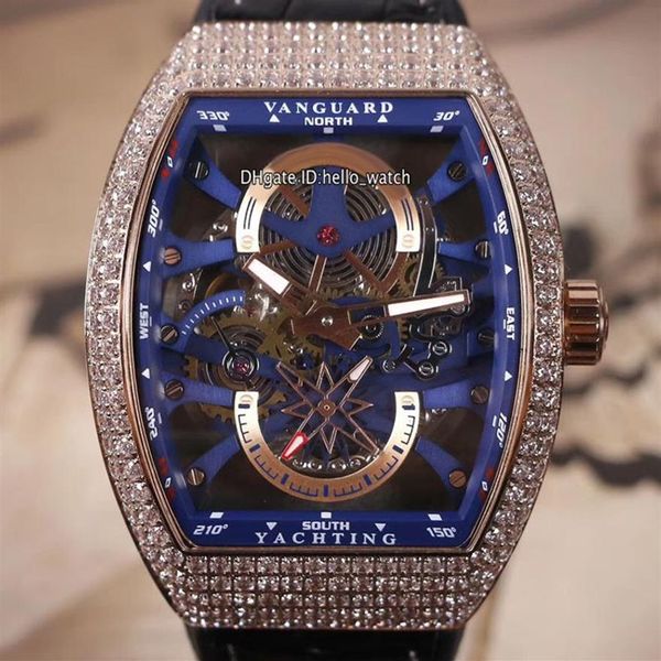 Yeni Vanguard yatlama gül altın kılıfı v45 s6 yat iskelet kadranı tourbillon otomatik erkek izle elmas çerçeve deri lastik strap242u