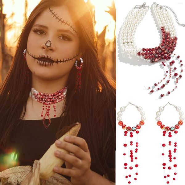 Colar brincos conjunto halloween multi-camada gargantilha pingando pérolas de sangue vampiro festa pulseira jóias moda acessórios góticos