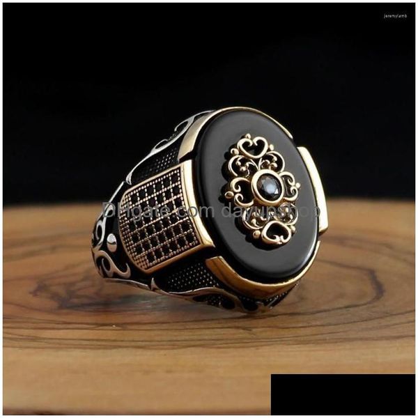 Ringe Vintage Klassische Herrenring Mode Metall Gold Farbe Intarsien Schwarzer Stein Zirkon Punk Männer Engagement Luxus Schmuck Drop Lieferung Dhxnk