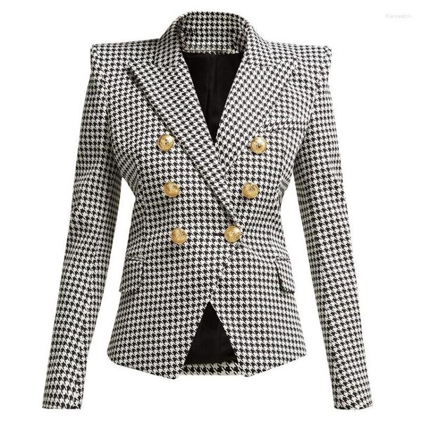 Damenanzüge, hochwertiger, schöner Designer-Blazer, langärmelige Jacke mit Hahnentrittmuster und Löwenknöpfen aus Metall