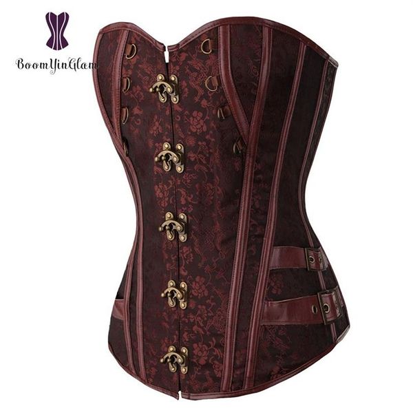 Vita Trainer Broccato Steampunk Jacquard Ecopelle Borchiato Overbust Corsetto marrone Bustier con catene S-6XL 916 # 2369