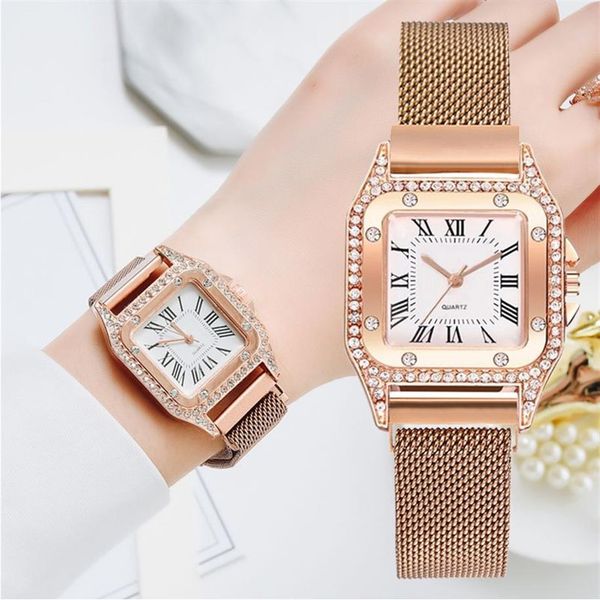 Yeni saatler kadınlar kare gül altın bilek saatleri manyetik moda markası saatler bayanlar kuvars saat montre femme223e