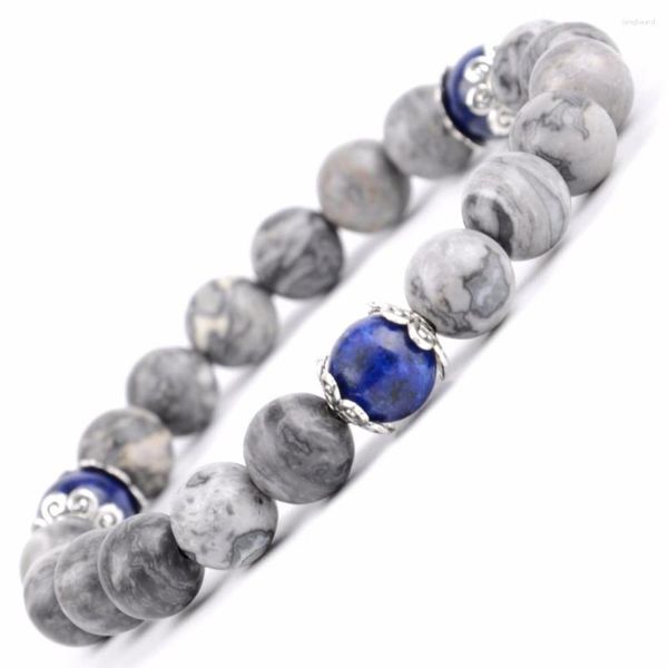 Charme pulseiras moda pedra natural pulseira homens mapa jaspers lapis lazuli frisado buda para mulheres yoga oração jóias presente pulseras