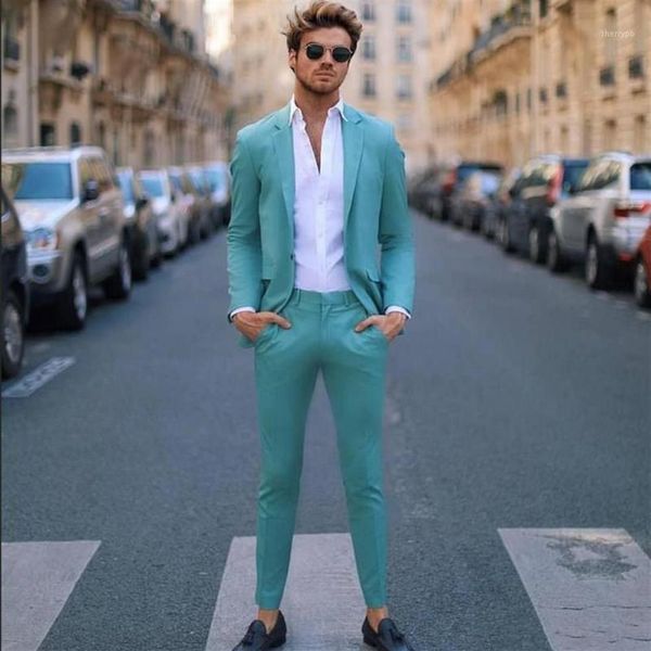 Hübsche blaugrüne Slim-Fit-Herren-Abschlussballanzüge mit fallendem Revers, Trauzeugen-Smoking für Strandhochzeit, Smoking für Männer, Blazer, formeller Anzug mit einem Knopf250f
