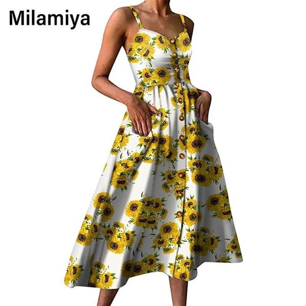 Lässige Kleider Sexy Sommerkleid 2021 V-Ausschnitt ärmellos rückenfrei Blumenstrand Damen Boho Button Sunflower Print Party Vesti288s