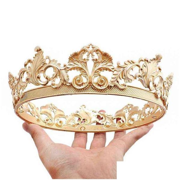 Düğün Saç Takıları Barok Vintage Kraliyet Kral Taç Erkekler için FL FL Yuvarlak Büyük Altın Tiaras ve Taçlar Balo Kostümü Prens Accessor Dhjub