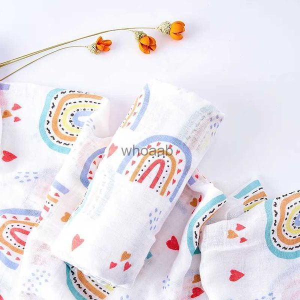 Cobertores Swaddling Novo Bambu Algodão Musselina Swaddle Cobertor Bebê Toalha de Banho Fralda Foto Fundo com Sloth Rainbow Pattern YQ231003