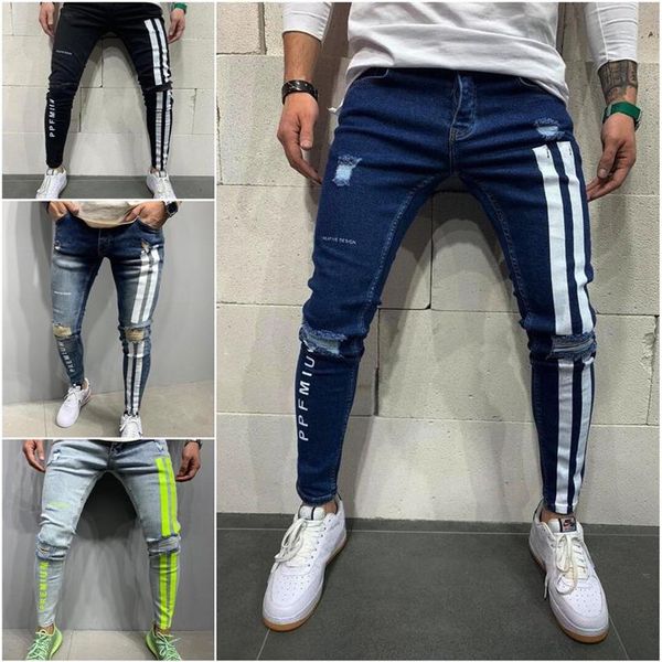 Männer Skinny Denim Biker Jeans Seite gestreift Herren zerrissene Hose zerstört Loch zerkratzt Reißverschluss Slim Fit Jean Hose289Q