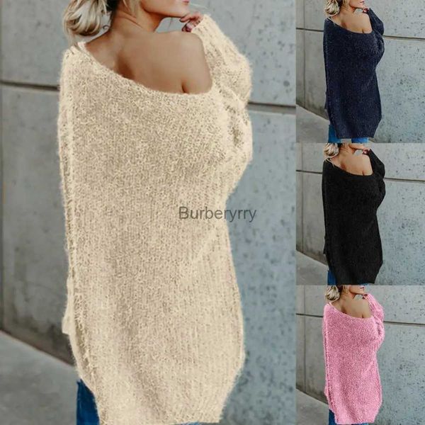 Suéteres femininos Suéter feminino moda cor sólida ombro inclinado suéter de pelúcia solto casual suéter de malha top suéter de grandes dimensões para mulheresL231004