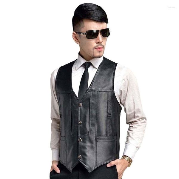 Coletes masculinos moda casual magro colete homens sem mangas jaqueta de couro macio marca com decote em v 5 bolso colete homem roupas plus size