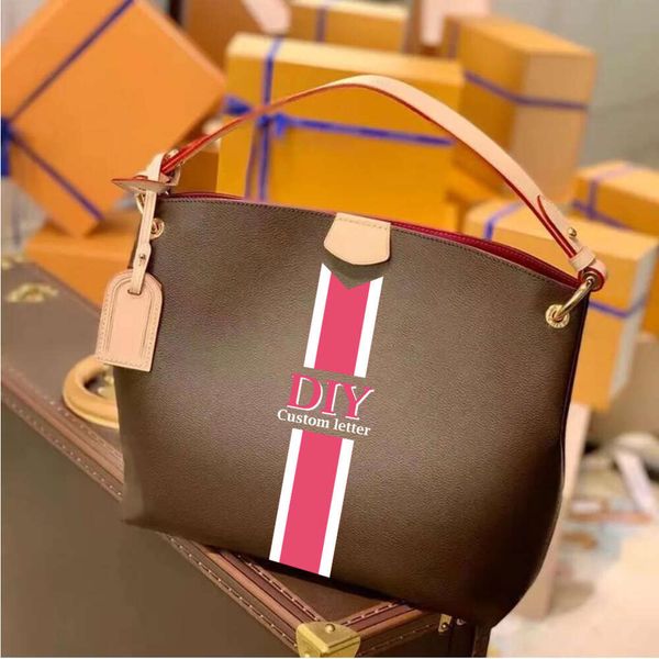 Totes Mulheres saco DIY personalizando iniciais listras ombro tote de compras de um lado de couro genuíno hobo Designer Moda TOP 5A Bolsa com zíper de ombro único