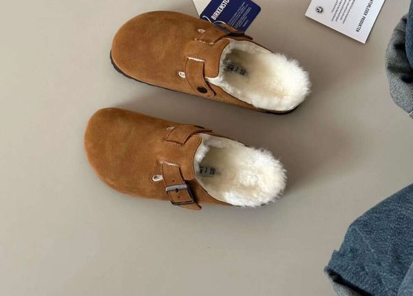 Pantofole Sandali firmati Ciabatte Boston Zoccoli Uomo Donna Pantofola in shearling Plantare morbido Pelle scamosciata Tortora Nero Cinturino in pelle antica Scarpe Birks da esterno Boston clog 452e