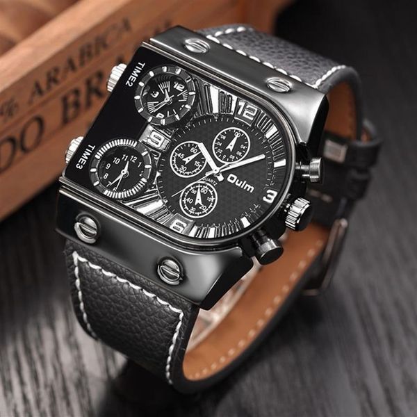 Oulm relógios masculinos quartzo casual pulseira de couro relógio de pulso esportes homem multi-fuso horário militar masculino relógio relogios 270t