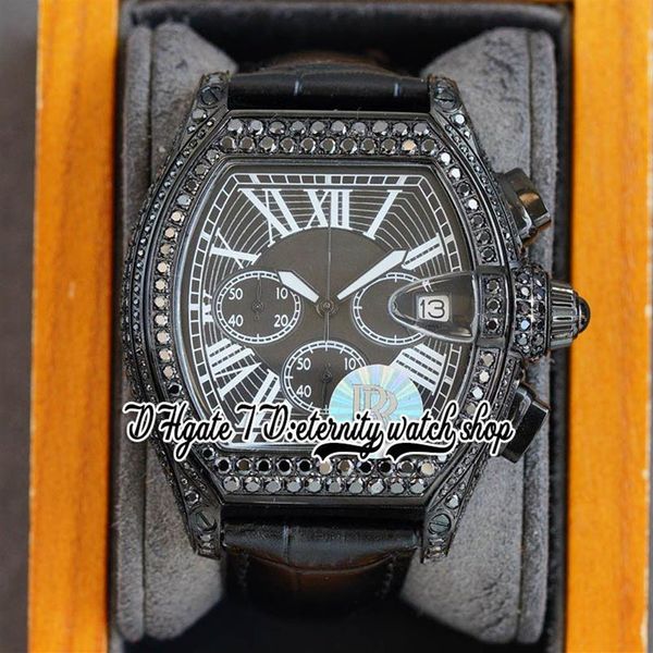 TWF Tortue XL tw62020X6 Orologio da uomo Giappone Miyota Cronografo al quarzo PVD Acciaio Diamanti Quadrante nero romano Cassa con diamanti ghiacciati Leath231S