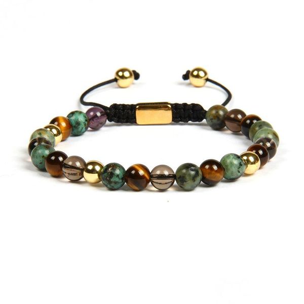 Frisado Pedra Natural Rame Trançado Pulseira de Yoga com 6mm Tiger Eye African Beads Jóias de Aço Inoxidável Não Fade Drop Delivery Brace Dhhcd