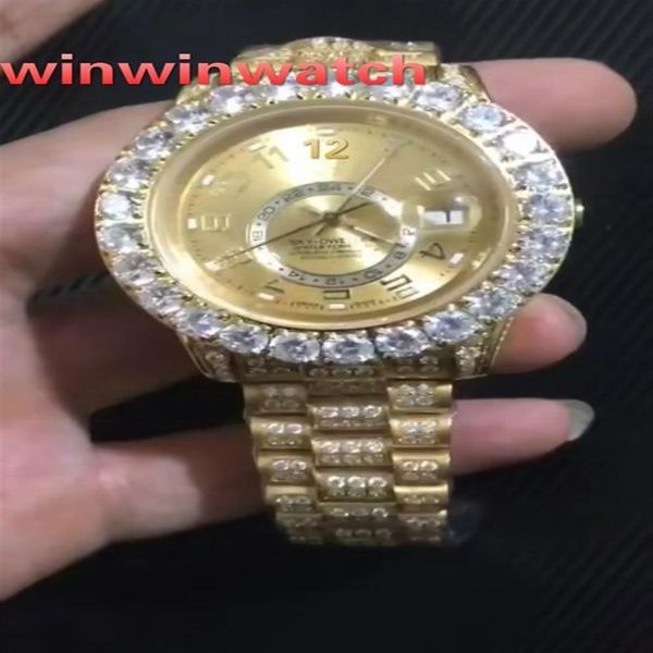 Orologio da polso con lunetta di diamanti grandi 43MM cassa in acciaio inossidabile dorato completamente ghiacciato orologi automatici con quadrante dorato 295D