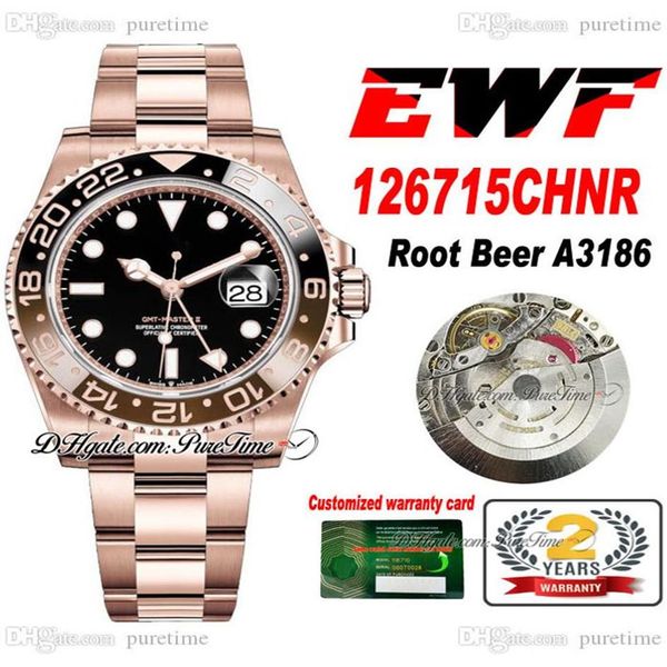 EWF GMT Root Beer A3186 Автоматические мужские часы 12671 Розовое золото Кола Черный Коричневый Керамический безель Черный циферблат Сталь 904L OysterSteel Bra278O