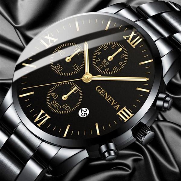 Наручные часы GENEVA Модные роскошные часы Мужские наручные часы из нержавеющей стали Мужские часы Календарь Мужские черные часы Relojes Hombre 2021230B
