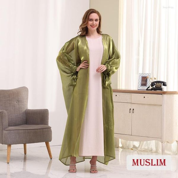 Roupas étnicas Mulher Elegante Muçulmano Vestido Verde Dubai Verão Fino Abaya Cardigan Vestidos Feminino Lanterna Manga Kaftan Marrocos Musulman