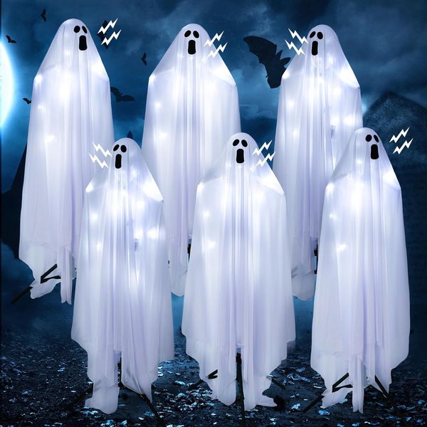 6 шт. Хэллоуин призраков 56 39 39 Светящиеся украшения с призраками на открытом воздухе с подвижной подставкой и жуткой звуковой тканью Белый призрак