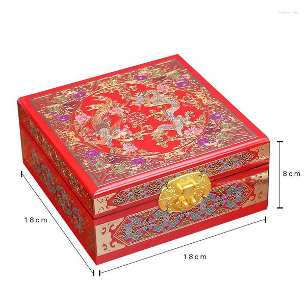 Sacchetti per gioielli Scatola per dote in stile cinese Portaoggetti vintage rosso Squisito regalo di nozze in legno