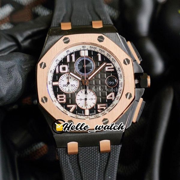 3A 44mm Orologi da uomo Miyota Cronografo al quarzo Orologio da uomo Quadrante con texture grigia Two Tone Rose Gold PVD Cassa in acciaio nero Cronometro Rub281B