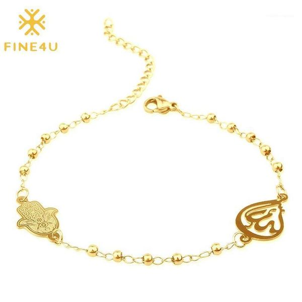 Charm Bilezikler Fine4u B228 Paslanmaz Çelik Müslüman Hamsa Charms Bilezik 3mm Altın Renkli Boncuklar İslam Kur'an Kadınlar İçin Tespih Takı258s