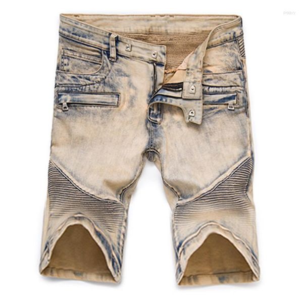 Herren-Shorts, Denim-Patchwork-Motorrad, elastische, kurze Hose, Streetwear, schmal geschnittene Jeans mit kleinem Bein, Übergröße 42 44